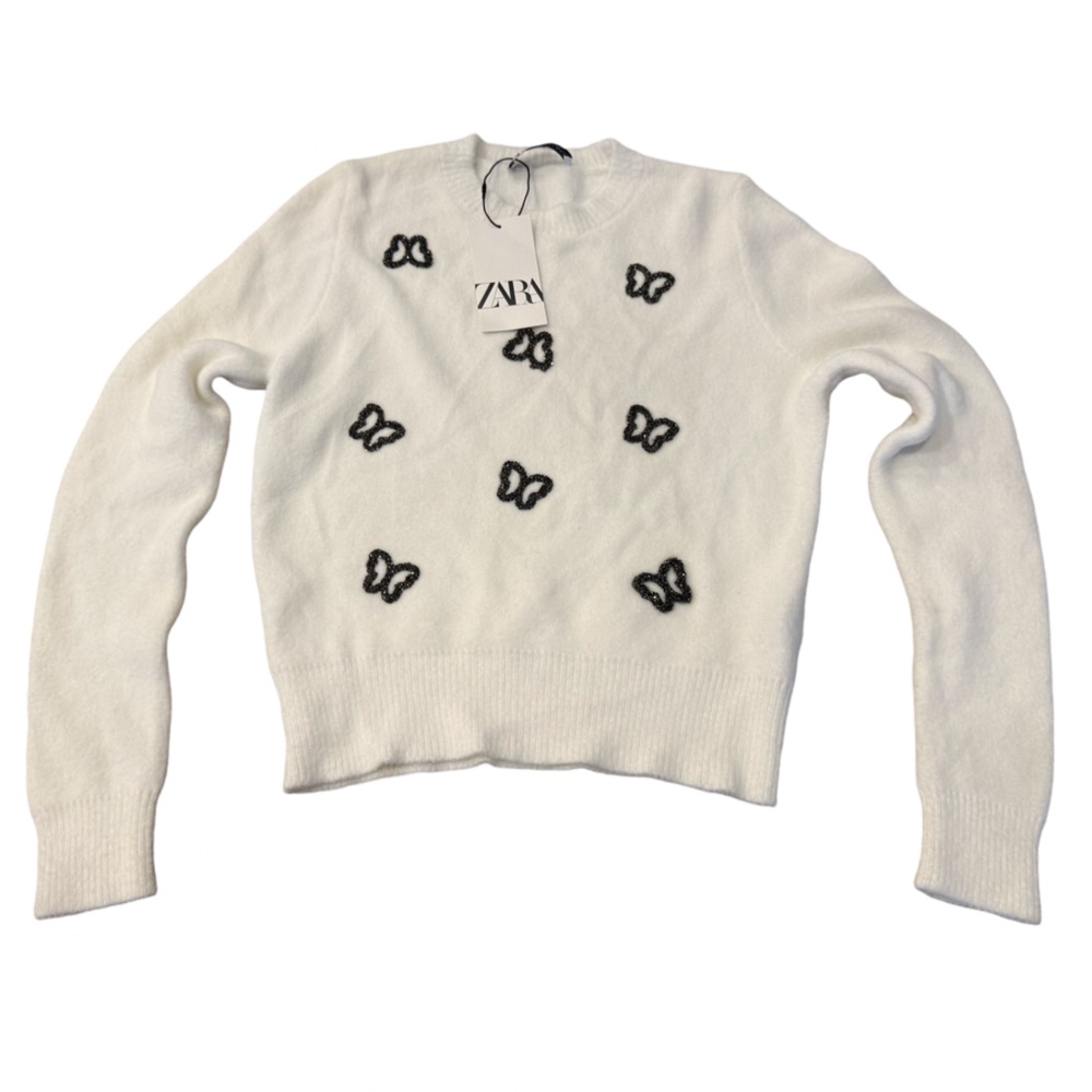 Zara Women's M White Pullover Sweater Butterfly Embellished Casual